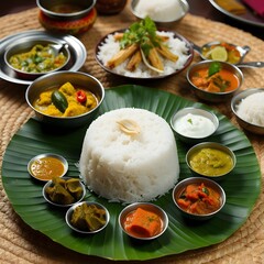 South Indian Coconut Rice: A Traditional Feast on Banana Leaf with Delicious Side Dishes
