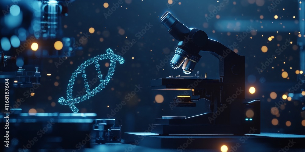 Poster DNA helix near a microscope in a lab.