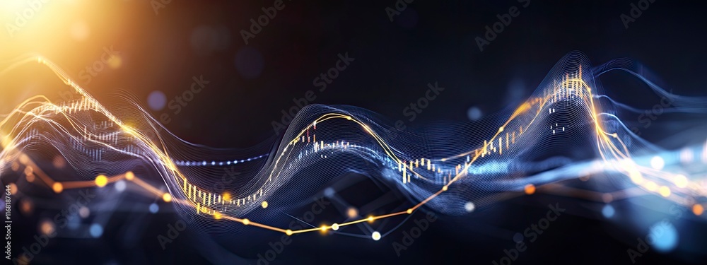 Poster abstract digital waves with glowing lines representing data flow, technology, and financial markets 
