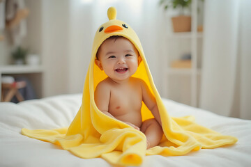 Happy laughing baby wearing yellow hooded duck towel sitting on parents bed after bath or shower. Clean dry child in bedroom. Bathing and washing of little kids. Children hygiene. Textile for infants