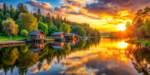 Fototapeta premium Idyllic waterfront cabin scene: calm lake, panoramic sunset, rural tranquility.