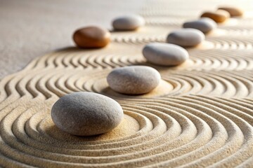Japanese serenity: seven balanced stones, raked sand, minimalist beauty, peaceful harmony.
