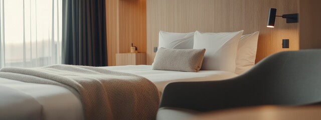 Modern minimalist bedroom with elegant wooden accents and soft textiles inviting relaxation and comfort