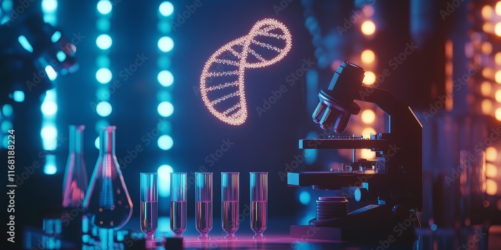 Aufkleber dna research lab scene with microscope and test tubes.