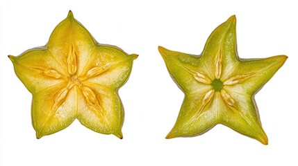 Fototapeta premium Two star fruit slices show seeds and texture