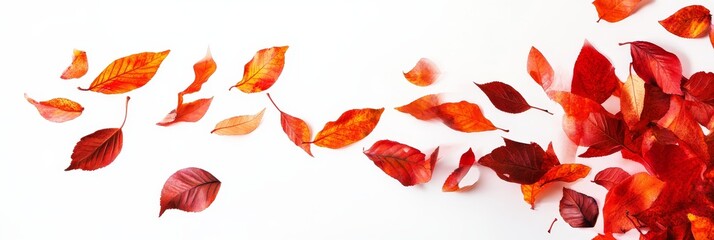 Red and orange autumn leaves falling on white background. (7)