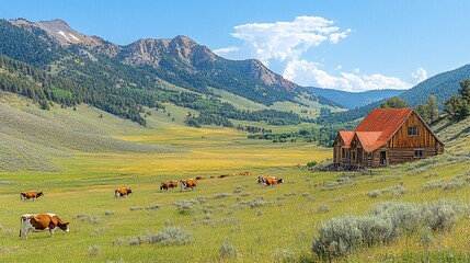 Serene Mountain Ranch: Cows Grazing in a Picturesque Valley