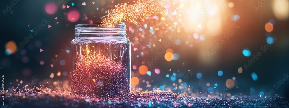 Poster a magical jar of glitter releasing sparkles into the atmosphere, creating a mesmerizing visual spect
