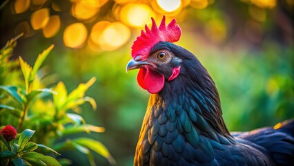 Fototapeta premium Mysterious black chicken portrait, low light illuminates its feathers in a serene garden setting.