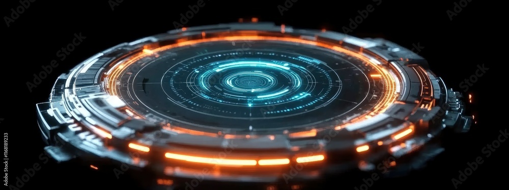 Poster futuristic holographic interface with glowing circular patterns and intricate digital designs in a d