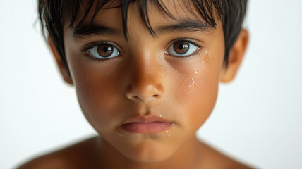 Tearful Sadness. A portrait showing a child with teary eyes and a trembling lower lip, capturing a moment of sadness or disappointment on white studio background 