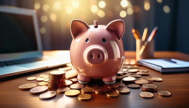 A piggy bank on a desk surrounded by scattered coins, symbolizing financial planning.