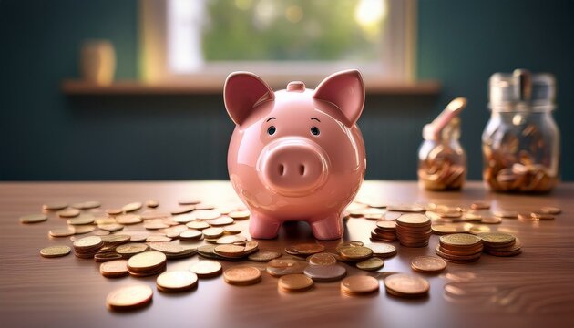 A piggy bank on a desk surrounded by scattered coins, symbolizing financial planning.