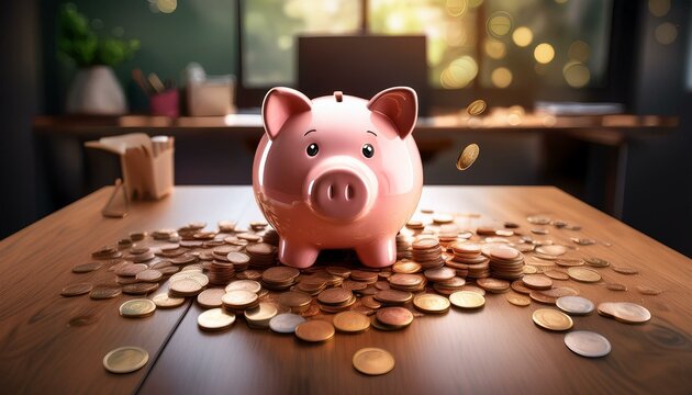 A piggy bank on a desk surrounded by scattered coins, symbolizing financial planning.