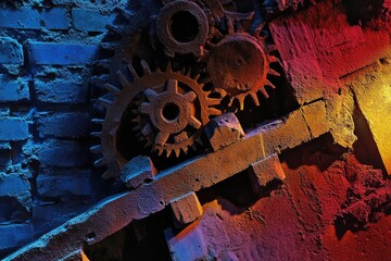 Interlocking gears on a textured brick wall, illuminated with vibrant blue and red lighting.