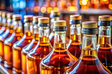 Overhead shot:  rich amber brandy and cognac bottles gleam.