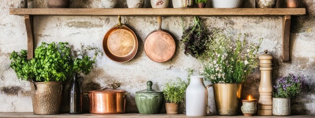 Fototapeta premium A rustic kitchen shelf adorned with various herbs, pots, and kitchenware creating a warm, inviting atmosphere for home cooking
