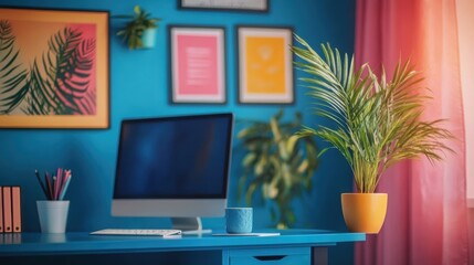 vibrant blue and pink home office setup with a desktop on the desk. features posters of brand colors and creative graphics, and there's also a cup of coffee nearby. A small plant sits beside it