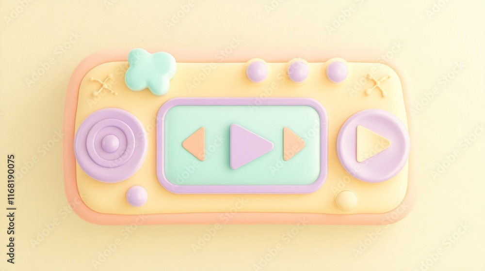 Poster pastel-colored 3d rendered media player with play, pause, and skip buttons.