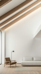 Cozy living room with modern design and minimalist decor showcasing wooden beams