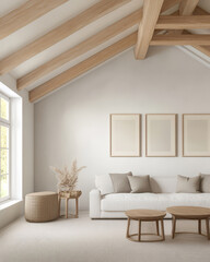 Fototapeta premium Cozy living room with neutral tones and wooden beams showcasing minimalistic decor