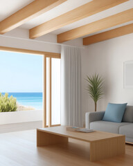 Fototapeta premium Modern coastal living room with ocean view and minimalistic design