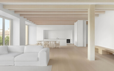 Fototapeta premium Spacious modern living room with minimalist kitchen design in bright airy setting