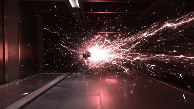 A realistic particle collision in a vacuum chamber with glowing trails and energy bursts.