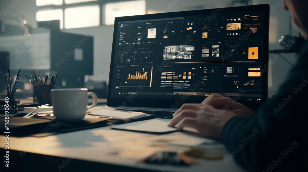 Aufkleber person working on laptop with data analytics dashboard.