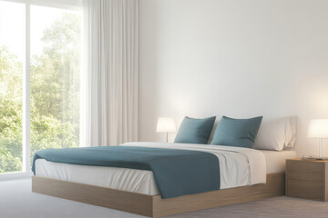 Fototapeta premium Modern bedroom design featuring large window and cozy atmosphere with natural light