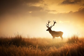 Obraz premium Sepia-toned reindeer silhouette art print; minimalist watercolor grassland design.