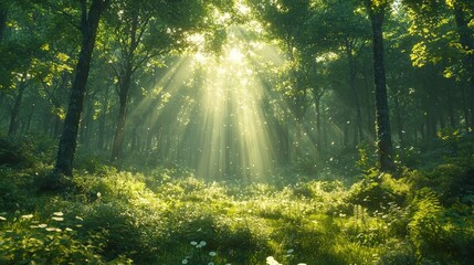 Obraz premium Serene sunlit forest with lush green undergrowth, peaceful woodland landscape