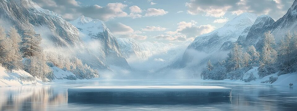 Frozen Lake Podium Background Snowy Winter Mountain Landscape Product Display