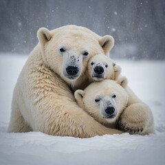 A polar bear cub snuggling in a blanket of snow.