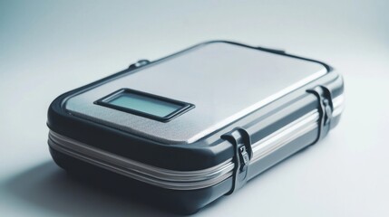 A sleek metallic hard case with a digital display