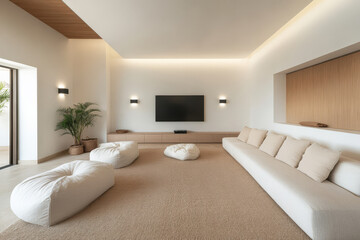 Modern minimalistic living room design featuring cozy seating and warm lighting