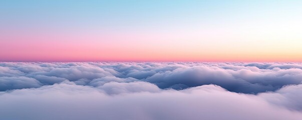 Obraz premium Pastel skies idea. A serene view above the clouds during sunrise, showcasing vibrant colors and fluffy clouds.