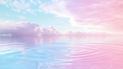 Serene Ripples on Water Surface Under Pastel Pink and Blue Sky: Calming Background with Text Space for Wellness, Beauty, and Eco-Themed Ads