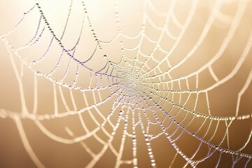 A spiderweb glistening with morning dew, illuminated by soft sunlight, creating a mesmerizing natural artwork.
