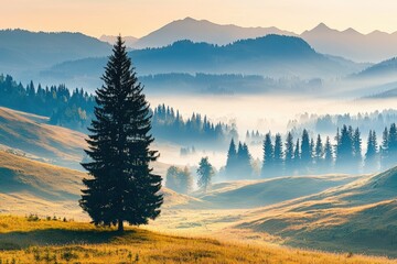 Obraz premium Brumous elevation countryside with mystical fir-tree timberland in haze