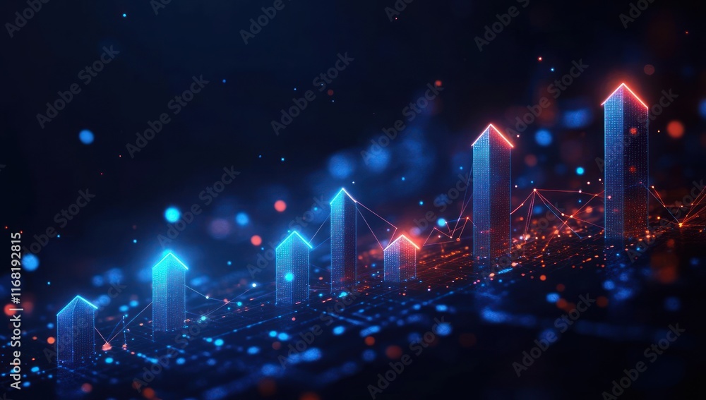 Poster market trends visualization with upward arrows and circuit lines in blue tech style