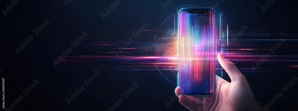 Poster futuristic smartphone in a user's hand displaying vibrant light trails and digital data in a dark en