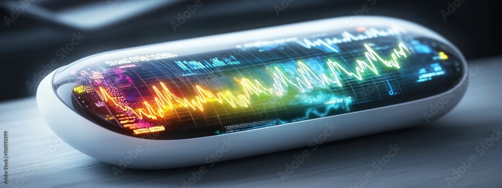 Aufkleber futuristic health monitoring device displaying vibrant biofeedback data in colorful line graphs and 