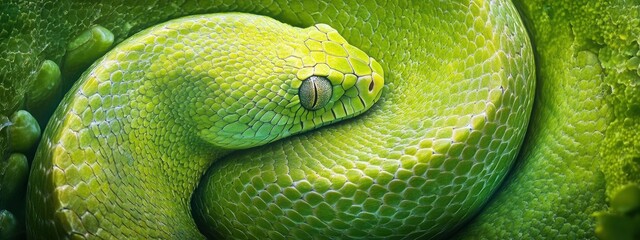 Obraz premium Close-up of a vibrant green tree snake coiled among lush foliage, showcasing its detailed scales and unique texture
