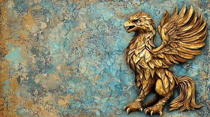 Golden griffin statue on textured wall, design element
