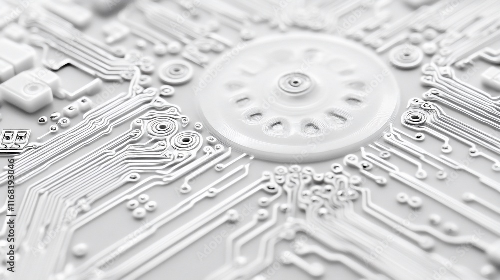 Poster close-up of a white circuit board with a central circular component.