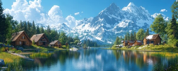 Scenic Mountain Landscape with Clear Water and Cozy Cabins