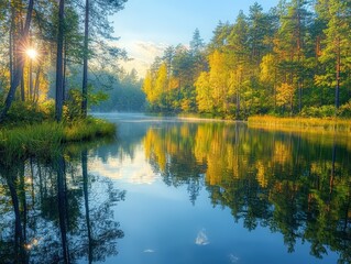 Fototapeta premium Unsurpassed quiet lake in the morning light surrounded by a forest, tree reflection on the water surface