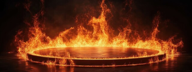 Fiery Stage Platform Flames Podium Award Show Black Light Circular Background Red Orange Glow