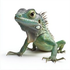 Fototapeta premium Close-Up Portrait of a Colorful Green Lizard with Intricate Scales and Unique Features on a White Background